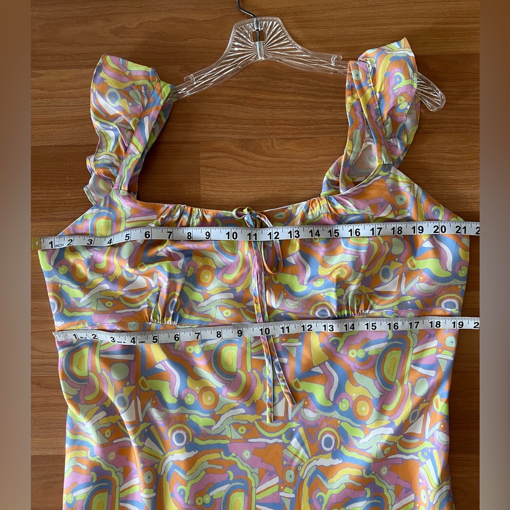 Olivia Rubin Amaya Abstract Print Midi Slip Multicolor Ruffle Dress Size 14 - Picture 5 of 15